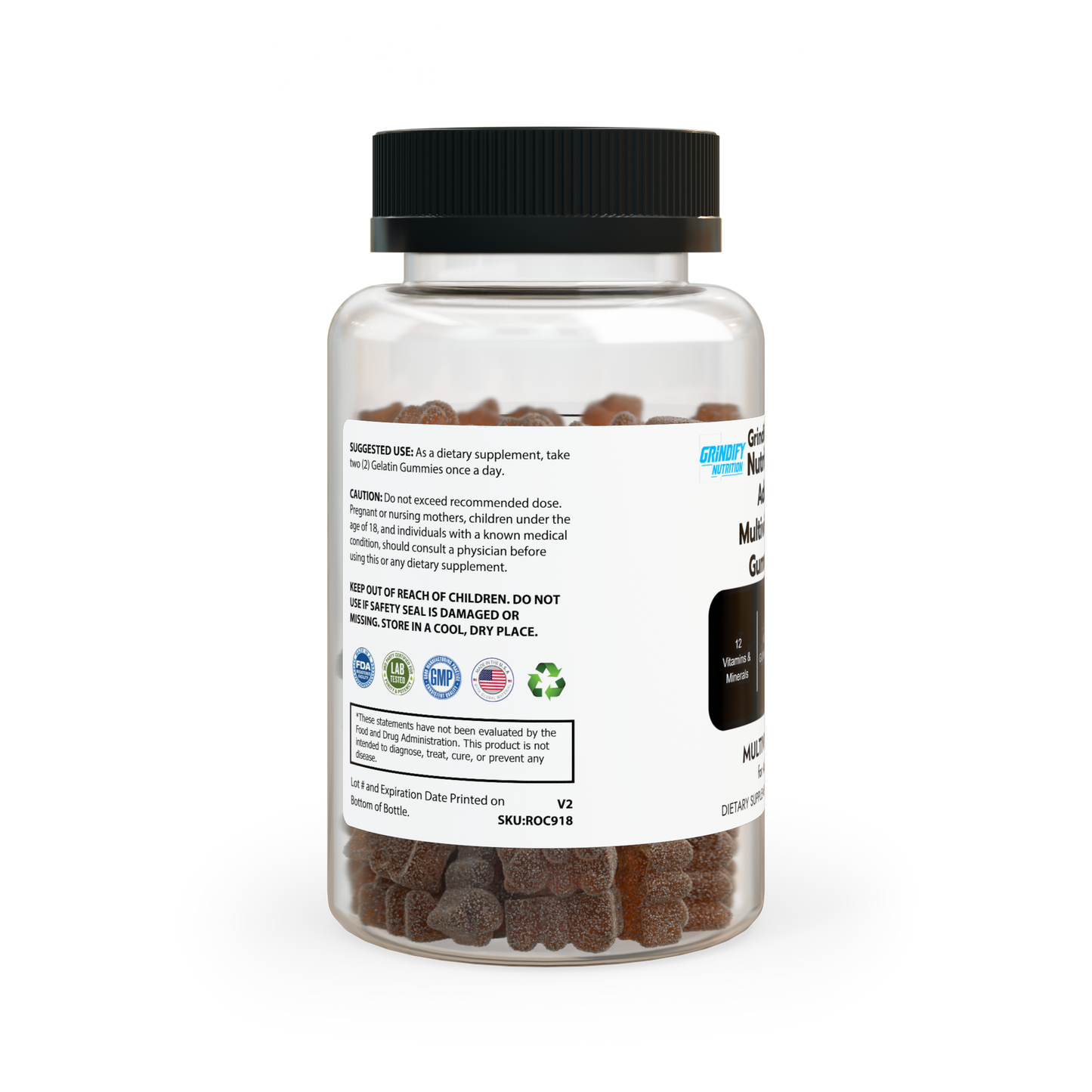 Grindify Nutrition Multivitamin Gummies for Adults - Unflavored (60 Gummies) - Non-GMO, Supports Energy Metabolism & Antioxidant Support