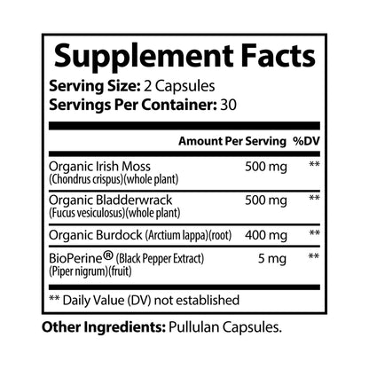 Organic Sea Moss Capsules With Bladderwrack & Burdock Root (60 Capsules)