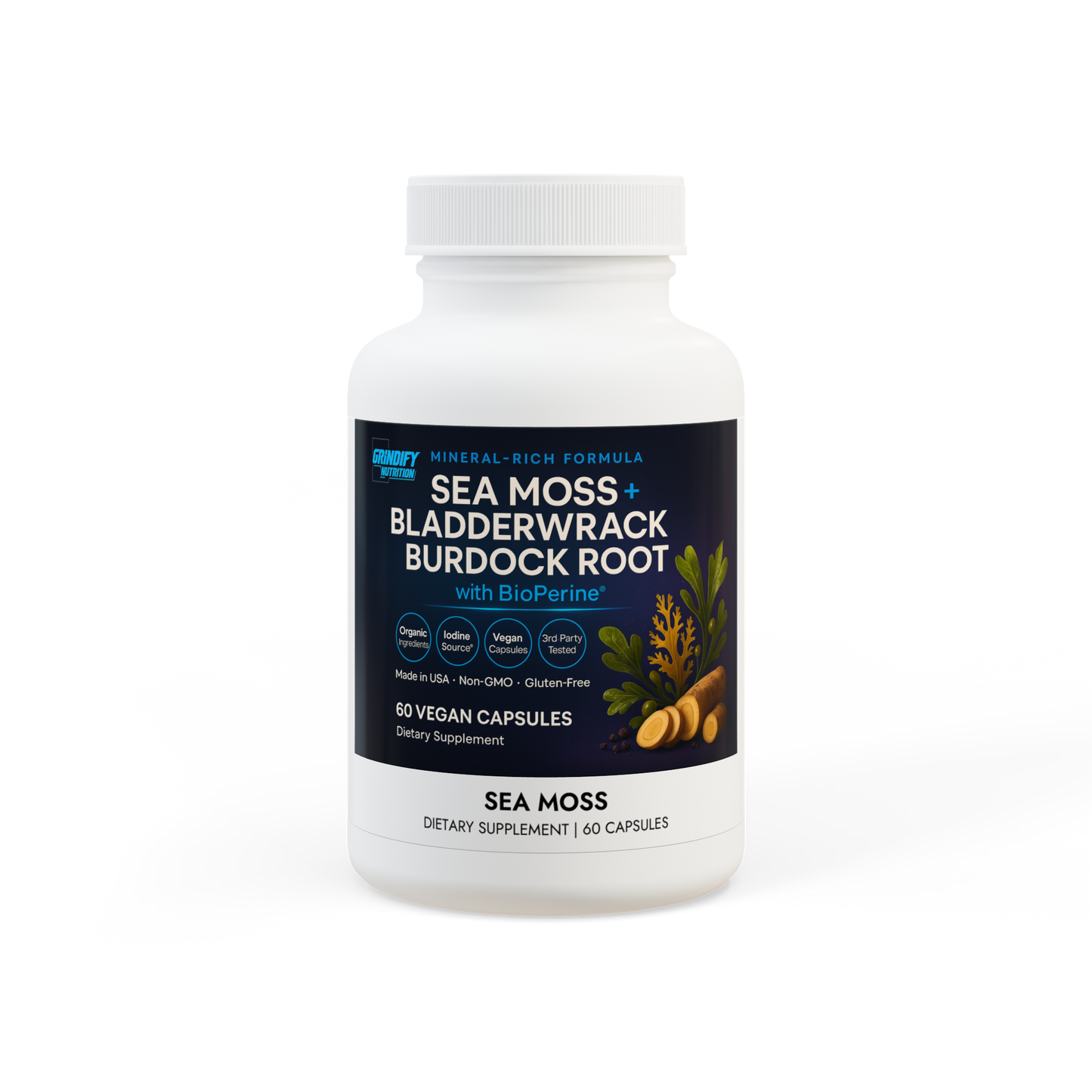 Organic Sea Moss Capsules With Bladderwrack & Burdock Root (60 Capsules)