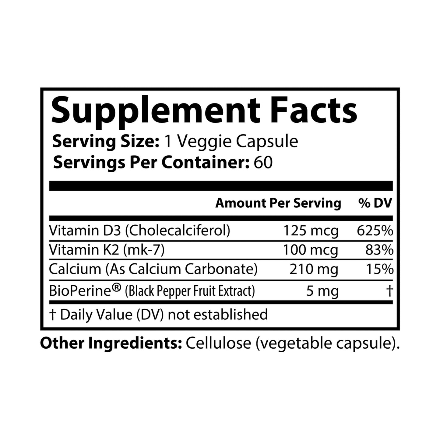 Vitamin D3 125 mcg + K2 100 mcg + Calcium 210 mg Supplement (60 Capsules)