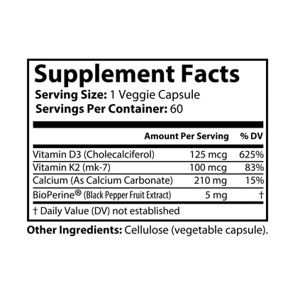 Vitamin D3 125 mcg + K2 100 mcg + Calcium 210 mg Supplement (60 Capsules)